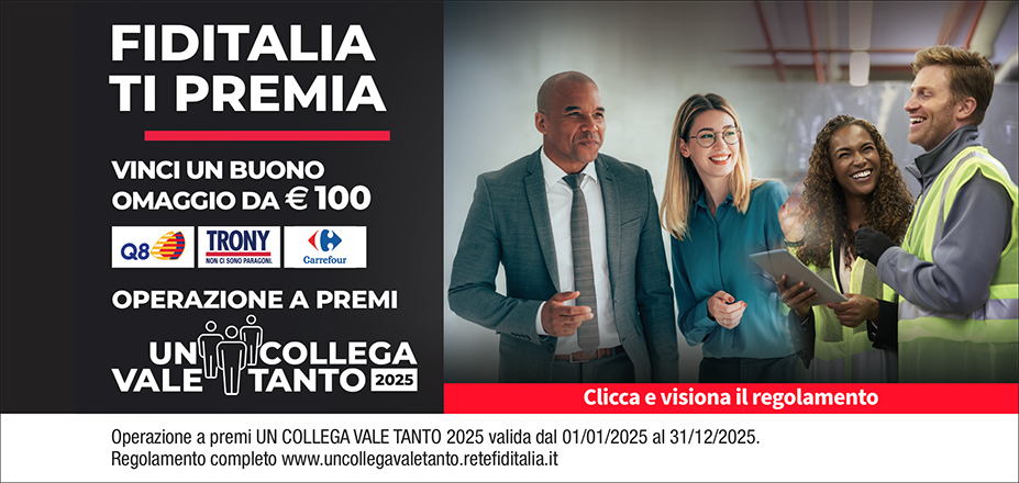 Agenzia SMG SRL Fiditalia | Ragusa, GELA | Fiditalia ti premia - Vinci un buono omaggio da €100. Operazione a premi. Clicca e visiona il regolamento. Operazione a premi UN COLLEGA VALE TANTO 2025 valida dal 01/01/2025 al 31/12/2025. Regolamento completo www.uncollegavaletanto.retefiditalia.it