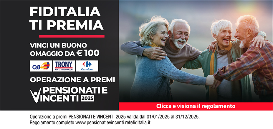Agenzia SMG SRL Fiditalia | Ragusa, GELA | Fiditalia ti premia - Vicni un omaggio da €100. Operazione a premi. Clicca e visiona il regolamento. Operazione a premi PENSIONATI E VINCENTI 2025 valida dal 01/01/2025 al 31/12/2025. Regolamento completo www.pensionatievincenti.retefiditalia.it